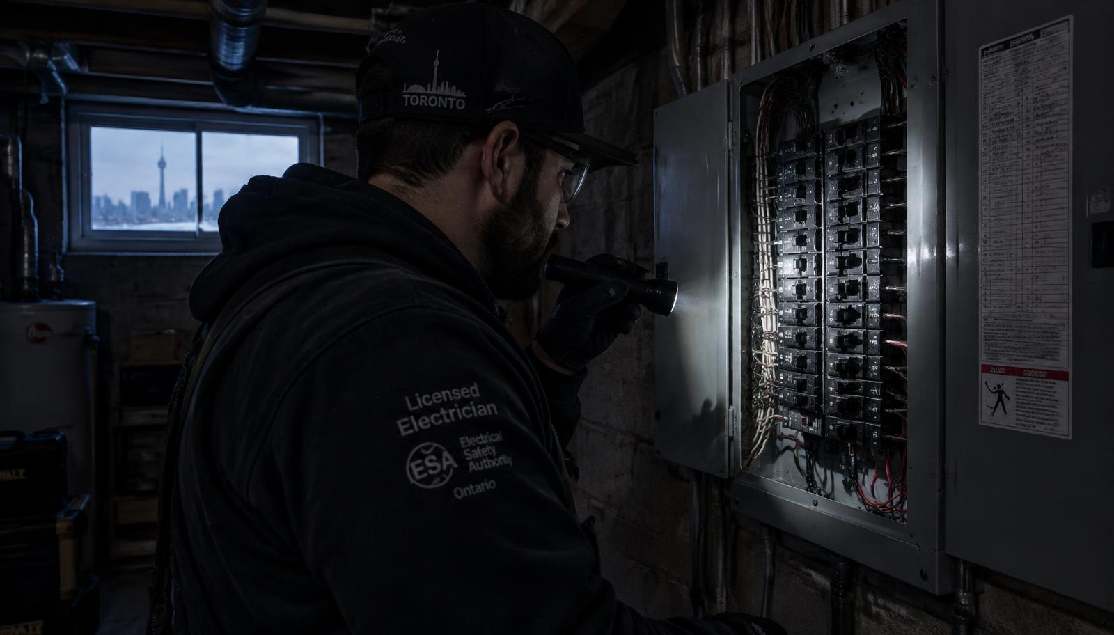 Electrician inspecting a home electrical panel